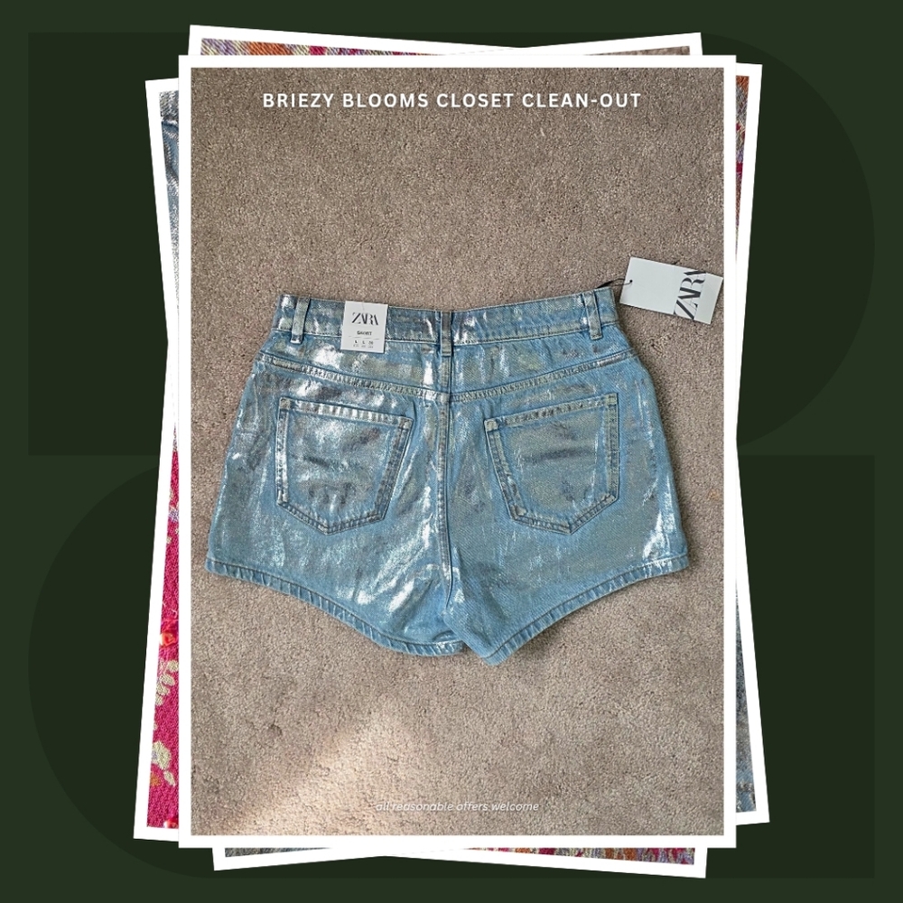 Zara Metallic Light Blue Denim Shorts Skort